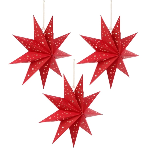 3 stk rødt papir stjernelykt lampeskjerm 9 spisse stjerne papirlykter hengende dekorasjoner for nyttårs bryllupsfest ferie