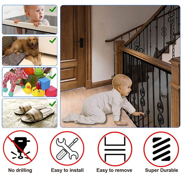 Trappenett - Babysikkerhetsskinne - 9,8 fot × 2,62 fot - Trappenett for rekkverk for barn, små kjæledyr, leketøy - innendørs og utendørs (svart)