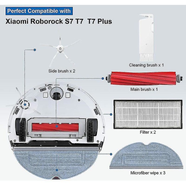 Sett med erstatningstilbehør kompatibelt med Robo S7 T7 T7s T7 T7s S7 vakuum, 1 hovedbørste, 2 sidebru, 2 hepa-filter, 3 mopp, 1