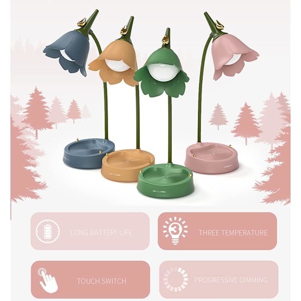 Blom LED Skrivbordslampa Trådlös Bordslampa Justerbar Svanhals Dimbar Touch Uppladdningsbart Batteri Student Sovrum Rum Belysning Bordslampa
