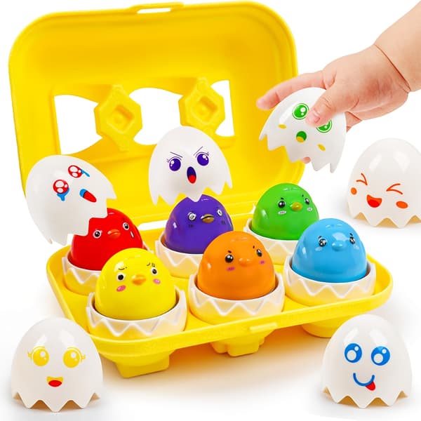 Baby Toy Egg Matching Game - 6-pack, Shape and Color Recognition, Press-Activated Fun CHICK CHICK
