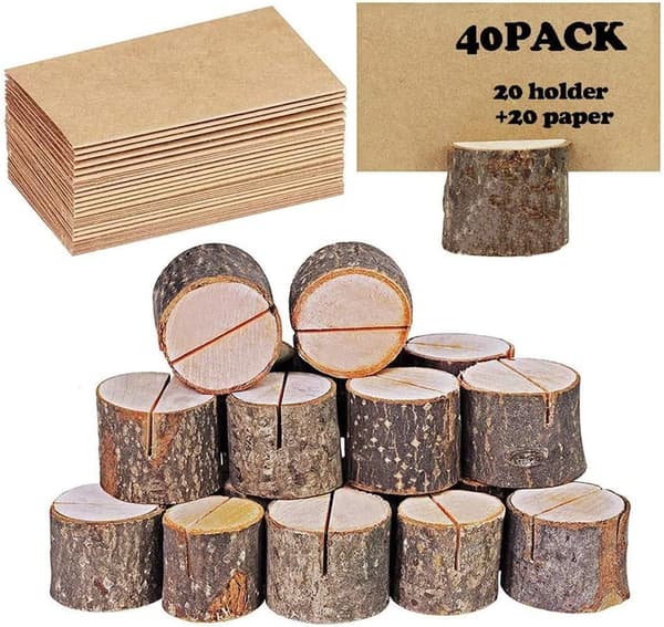 Name Tag Holders, Rustic Real Wood with Tree Bark Table Card Holders (20 Holders + 20 Kraft Papers)