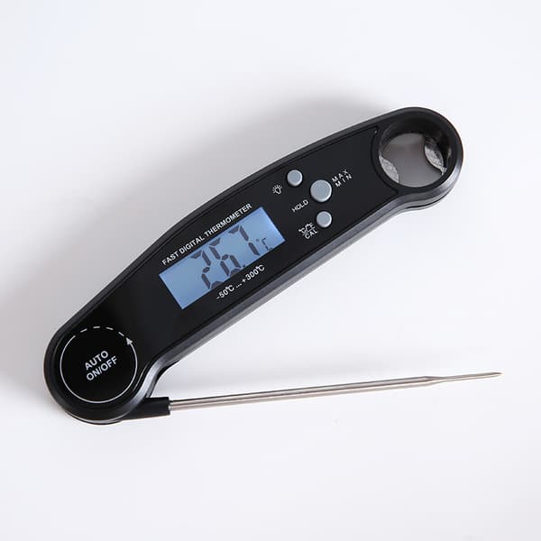 Digitalt Kødtermometer, Hurtiglæsende Madtermometer med Baggrundsbelyst LCD-skærm, Sammenklappelig Lang Sonde & Auto Tænd/Sluk (Sort)