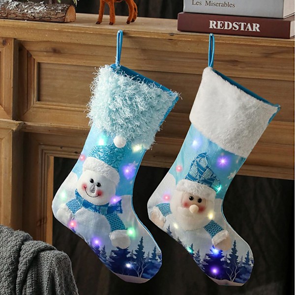 2 stycken julstrumpor med LED-ljus Personliga julstrumpor Presentpåse Tomte Snögubbe Eldstadshängande strumpa för