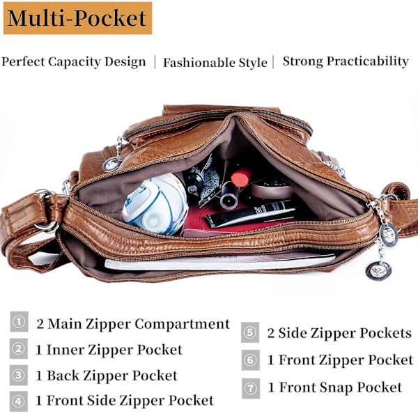 Damhandväskor Hobo Bag Tygväskor Axelväska Mjuk Tvättad Läder Multifunktionell Messenger Bag Brun Brun Brown