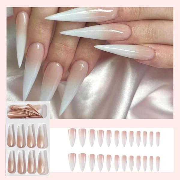 Long Press-on Nails Stiletto False Nails Extra Long False Nails French Tip Glue On Nails Gradient Acrylic Nails Pink to White Press-on