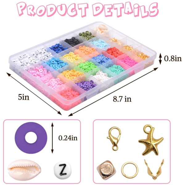 24 farger Clay Beads Kit 6mm, flat rund Heishi Polymer Clay Spacer Beads 4500stk for DIY armbånd, Colli