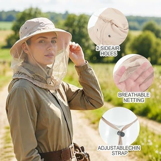 Mosquito Head Net - Mosquito Hat - Insect Net Hat - Beekeeper Hat - Portable Mosquito Net Hat - Summer Beekeeper Hat for Walking - Khaki - 52x10 cm