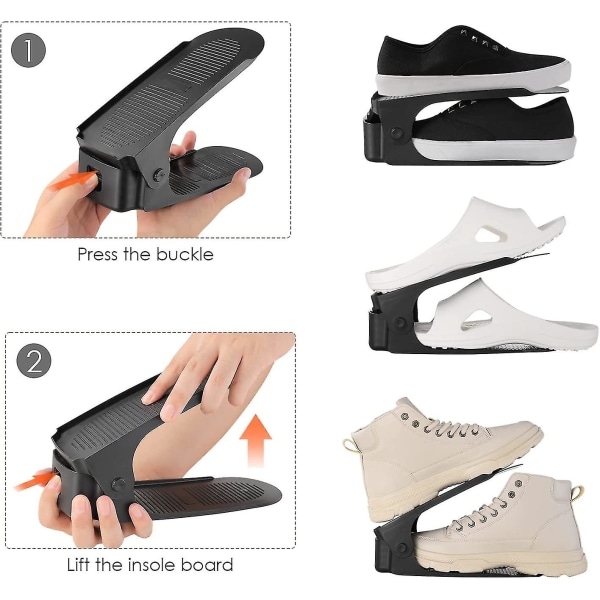 10-pack Skostackare, 6,5 cm/10 cm/15 cm Skoställ, PP-material Skoforvarare, Justerbar platsbesparande, Dubbelskikts skostack, Halksäker (svart, 10)