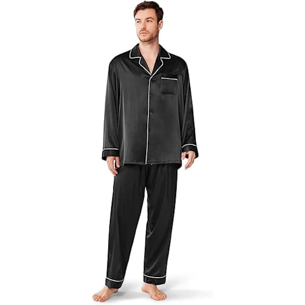 Satinpyjamas til mænd, langærmet PJ-sæt med knapper og lommer - Sort