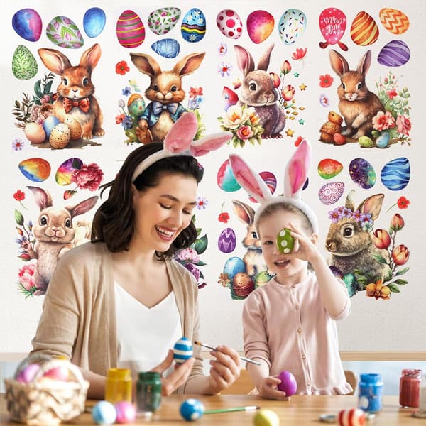 Easter Window Decorations Rabbit and Egg Design Electrostatic Adhesion Reusable 9 Sheets 20x30cm Includes Scraper