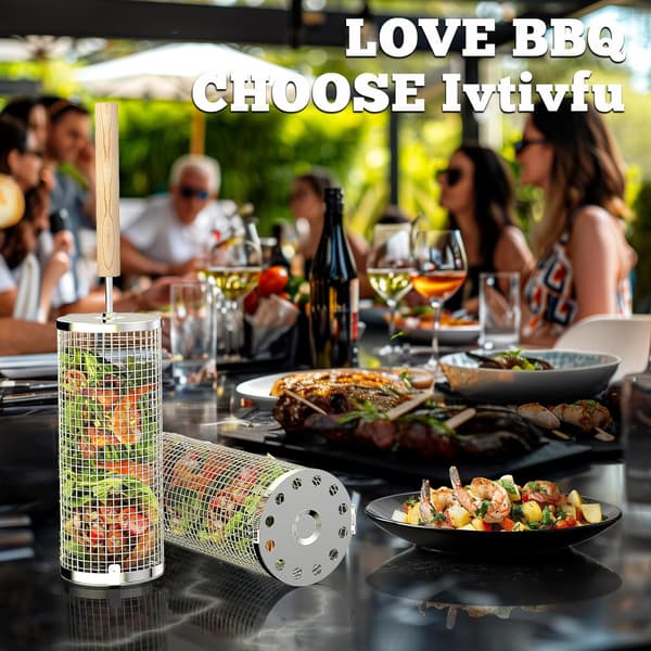 Set of two stackable BBQ baskets, removable handle, 304 stainless steel, BBQ accessories, vegetables, shrimp, charcoal grill, two sets, one large, one small