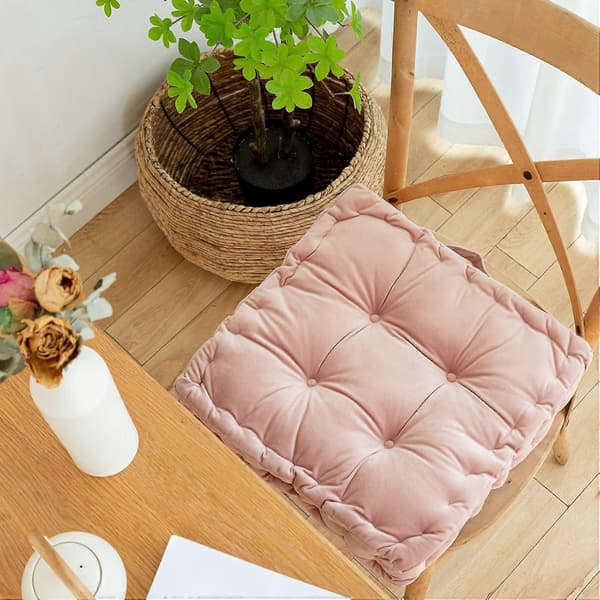 Floor Cushion, Square Solid Color Velvet Seat Cushion with Handle Thicker Pillow (15\" x15\" x3.15\", Light Pink)
