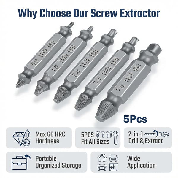 5-piece screw extractor set, high hardness 66 HRC bolt extractor, left-hand threaded for removing damaged screws