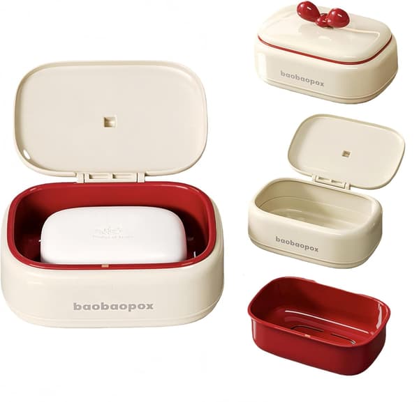 1-pack Soap Dish, Ivory White with Strap, Hydrophilic Soap Dish, Soap Storage with Drain, (with Lid)