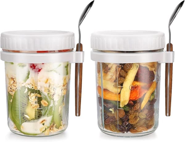 Overnight Oats Jars, Oatmeal Containers with Lids and Spoons, Cereal Storage Containers (White2)