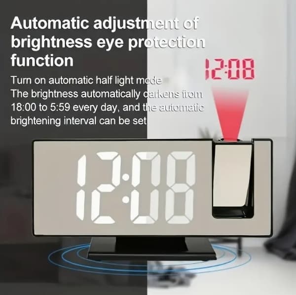 Multifunktionell projektionsväckarklocka med smart ljusdisplay, stor skärm, digital klocka för sovrum, väggprojektion, svart vit