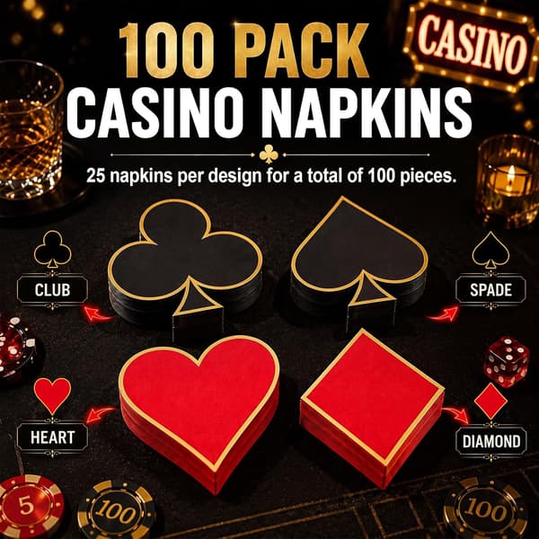 100-pack casinococktailservetter, 4 pokerkortsdesigner, guldkant style_name