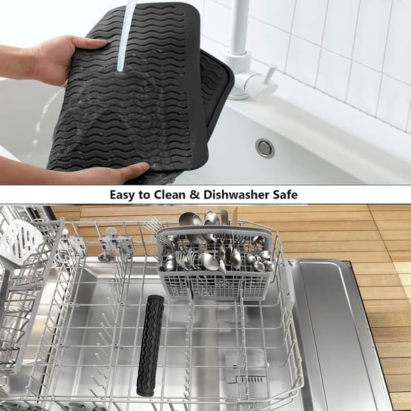 Two-piece silicone dish drying mat for kitchen counter, easy-to-clean multifunctional drying mat, large 30 x 40 cm, black