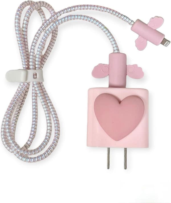Cable Protector for iPhone Charger, Silicone Charger Protection Set - Cute Cable Protector Silicone Charger Case for 18W/20W iPhone Charger, Pink Heart Bla