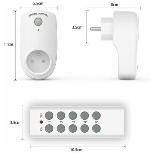 Set med 5 programmerbara eluttag, trådlösa fjärrstyrda uttag med 2 fjärrkontroller, 2 batterier ingår, 30 m räckvidd