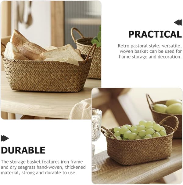 Retro Pastoral Style Storage Basket with Handle, Medium Khaki Seagrass and Iron Home Storage Organizer