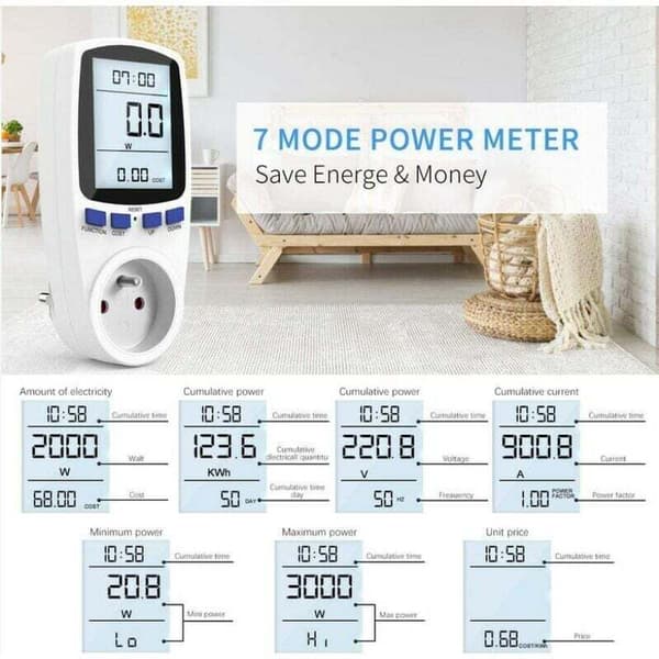 Effektmåler Wattmeter Stik, Elektrisk Energimåler Stik med 7 Tilstande, Energimåler med Display