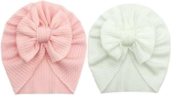 Nyfødt babylue, 2 stk, myke, elastiske turbanluer, Weiß+hellrosa Einheitsgröße