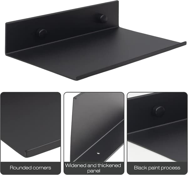 Floating Metal Wall Shelf, 2-pack 20cm Black with Mounting Details