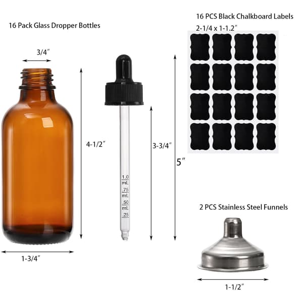 16-pack droppflaskor, 120 ml bärnstensfärgade glasflaskor med graderade ögondroppar för eteriska oljor, parfym, rostfritt stål, griffeltavla