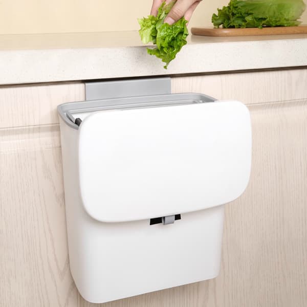 Kitchen cabinet door hanging trash can, white with lid, small tra