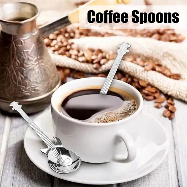 Gitarr Kaffe Sked 6-Pack Söt Sked Rostfritt Stål Tesked Omrörning Sked Gitarr Form (Silver)