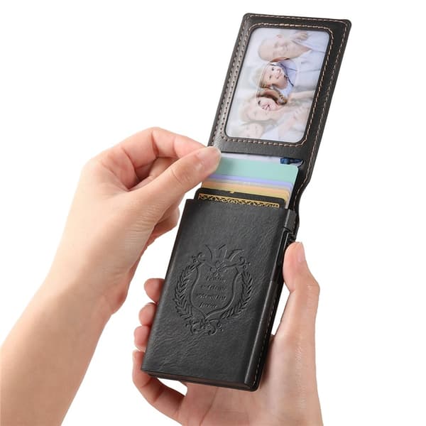 SUTENI Card Holder Automatic Pop-Up Metal Embossed Waxed Texture Black