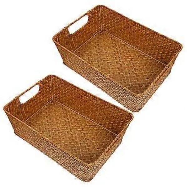 Set of 2 Woven Storage Baskets Hand-Woven Bread Fruit Snack Organizer for Home Kitchen Restaurant Brown 30cm