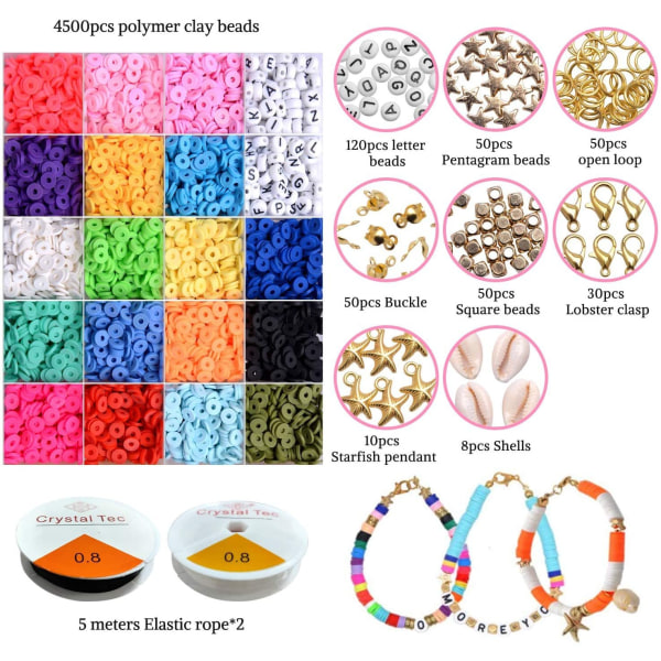 24 färger Clay Beads Kit 6mm, platt rund Heishi Polymer Clay Spacer Beads 4500st för gör-det-själv-armband, Colli