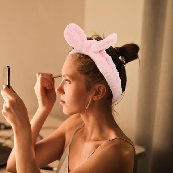 Makeup hårbånd til ansigtsvask, lyserødt genanvendeligt brusehårbånd med sløjfe, elastisk bøjle til kvinder, spa, hudpleje