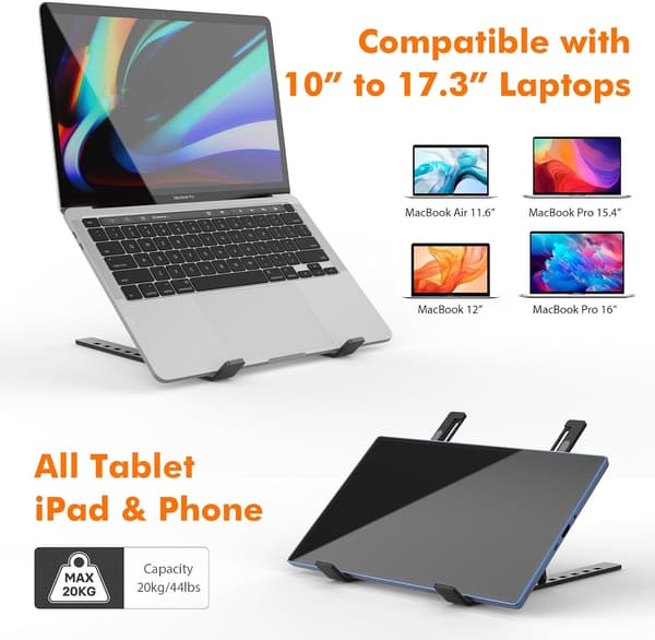 Laptopstativ, justerbar ventileret laptopholder i aluminiumslegering sort (18 tommer)