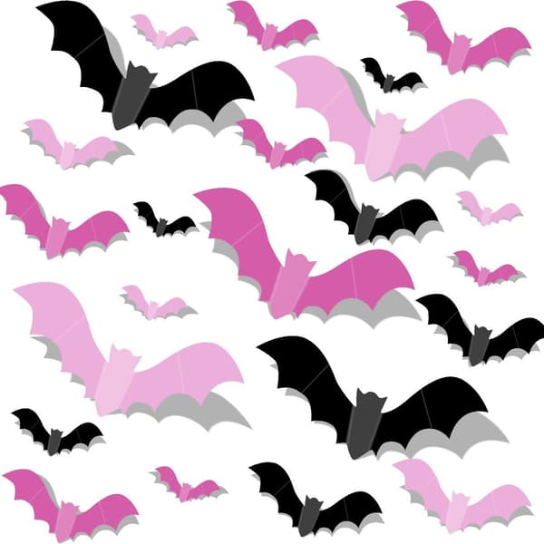 48 Bat Stickers - Halloween Decorative Wall Stickers - 3D Horror Bat Decor - Black, Pink, Light Pink