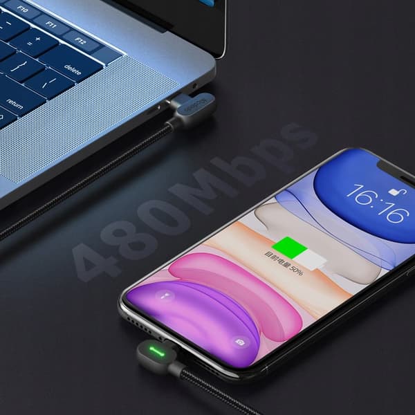 MCDODO 90° bøyningsvinkel datakabel, USB-C vendbart Lightning-grensesnitt, iPhone 13/14 LED, 1 meter