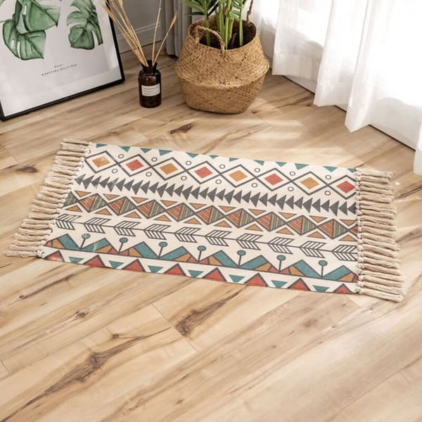 Boho-tæppe velegnet til marokkansk tæppe med kvaster 60x90 cm maskinvaskbart tæppe til soveværelse, køkken, entré