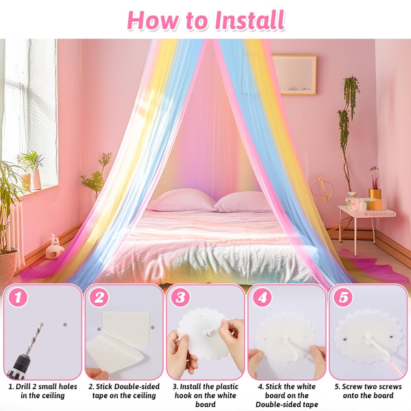 Rainbow Polyester Mosquito Net Bed Canopy - Foldable Dome Pop-Up with Easy Opening, No Installation, and Blackout Effect in Rainbow Design