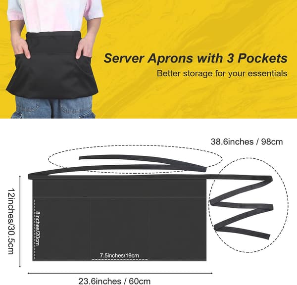 Server Waitress Waist Apron - Half Apron with 3 Pockets, Black Short Aprons for Waiters, Waitresses