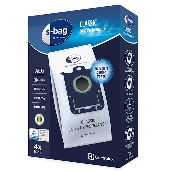 Electrolux S Bag Classic Long Performance Dammsugarpåsar E201S Syntetiska Dammpåsar för Hemdammsugare 4-pack Vit Vit