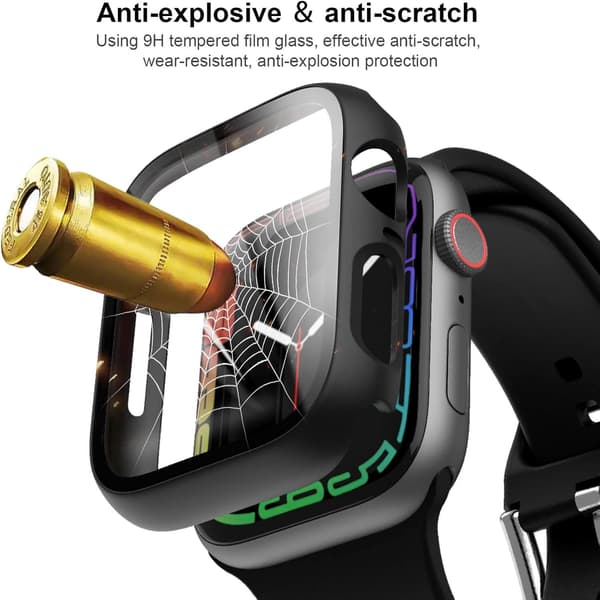 Protective Case Compatible with Apple Watch 46mm (10th Gen) - Black PC + Tempered Glass