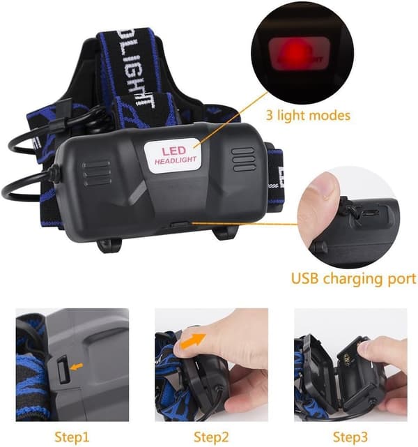 Powerful and Rechargeable LED Headlamp with 3 LED Headlamp Modes