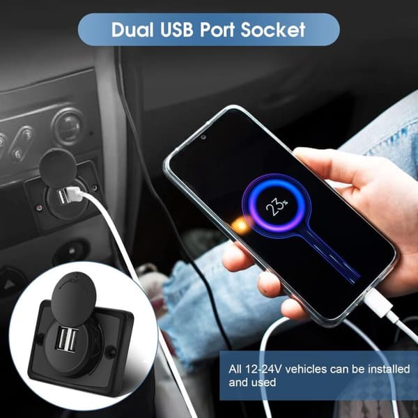Dobbelt USB Biloplader, 5V/3.1A 12V Vandtæt LED Bil Dobbelt Port Sort ABS USB Opladerstik til Autocamper Båd