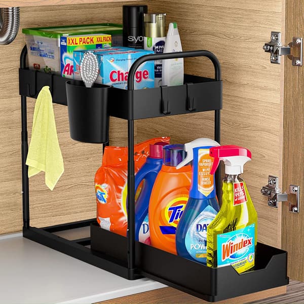 Opbevaring under vask med 2 niveauer, udtrækkelig hylde under vask, opbevaring under vask til køkken og badeværelse, sort