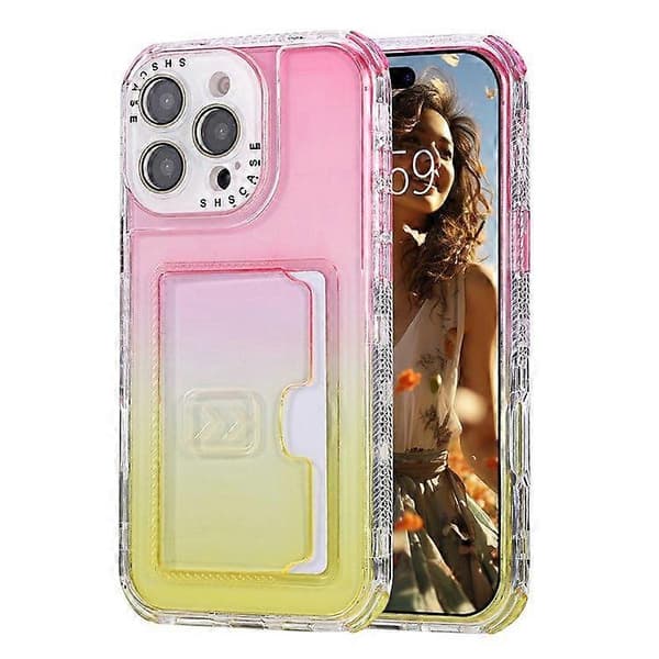 Gradientfarget PC + TPU Anti-fall telefondeksel til iPhone 16 Pro Max, kortholder med linsebeskytter (rosa gul)