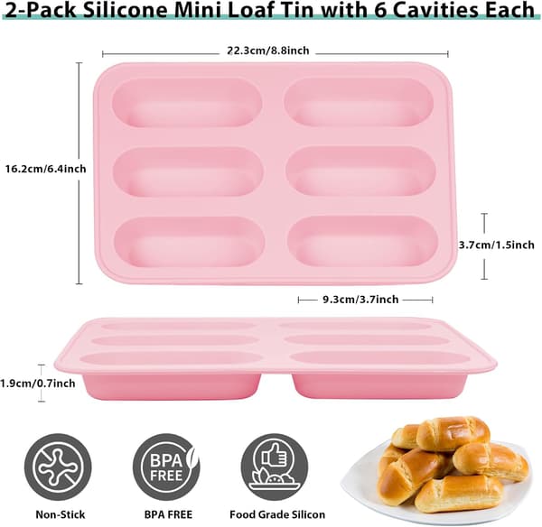 Stykker Mini Silikon Brødform, Liten Baguetteform, Liten Brødform, 6 Rom, Non-Stick, for Fransk Brød, Mini-kaker, Brød, Kjøttpudding