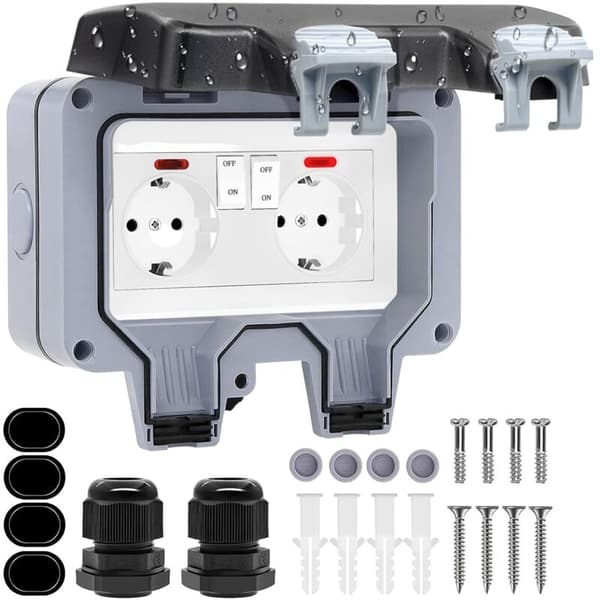 Waterproof Outdoor Socket 16A IP66 - Double Power Outlet and Protective Cover - Windproof Power Strip with Switch